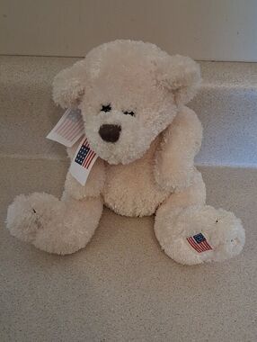 Cream Plush Teddy Bear Holiday Pillow with American Flag Accent